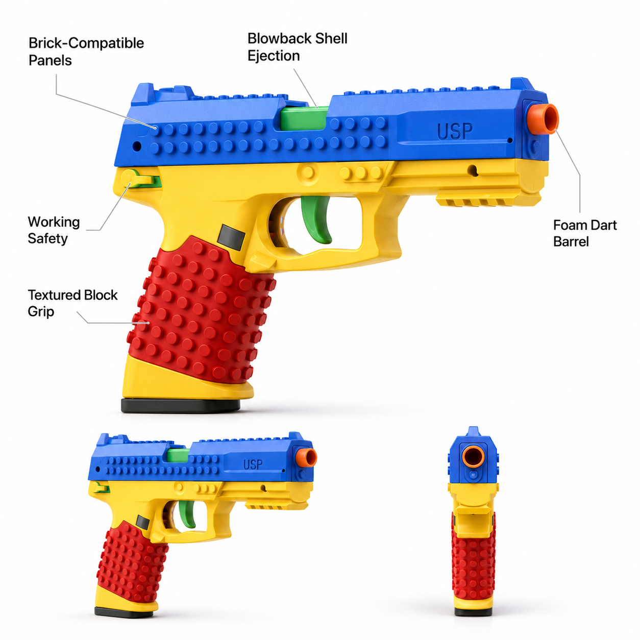 Brick 45 Shell Ejecting Toy Pistol | Dart Blaster & Training Gun