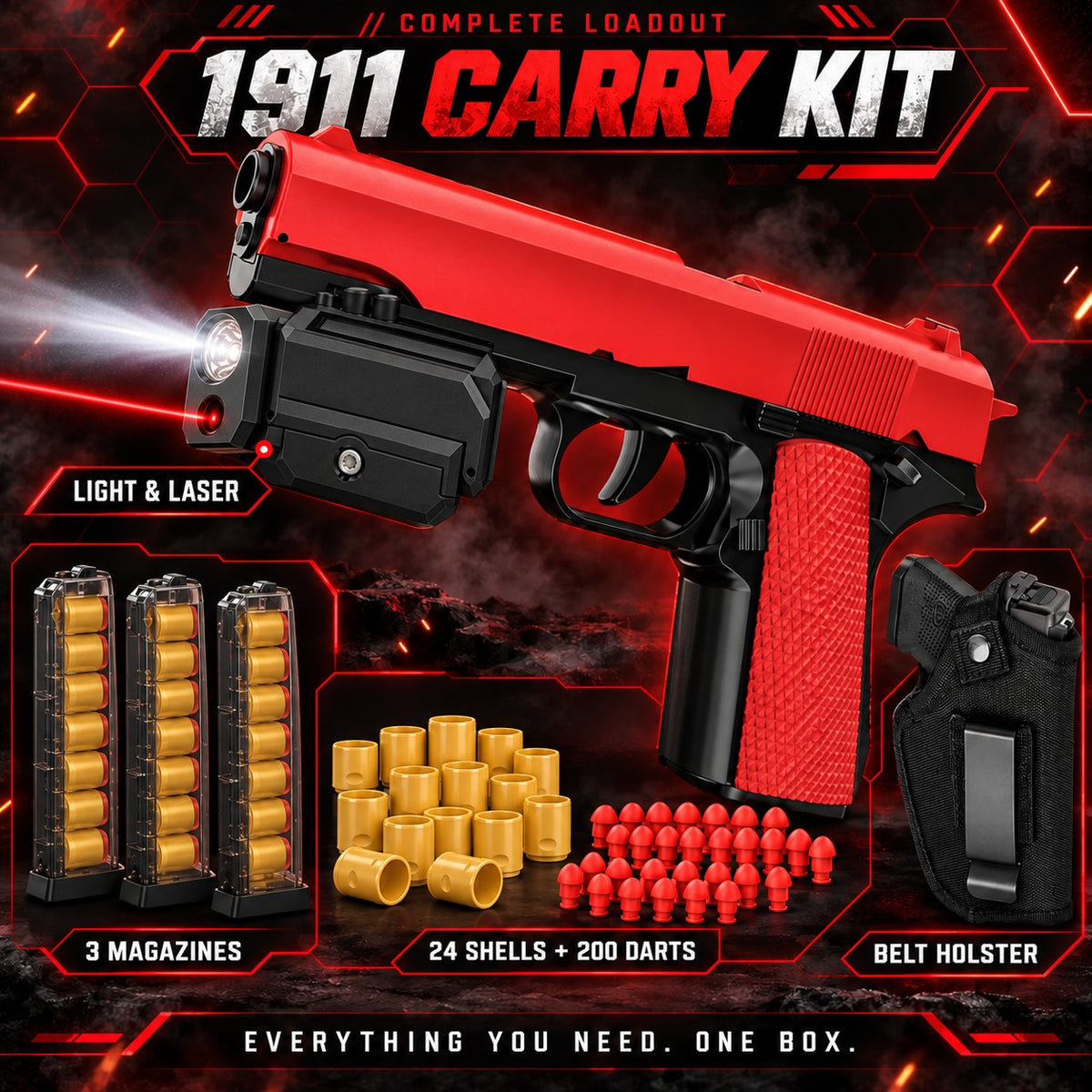 1911 Carry Kit bundle — 1911 pistol, 2 extra magazines, 24 shells + 200 darts, holster, tactical light & laser