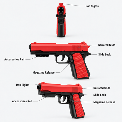 1911 Semiauto shell ejecting dart blaster features shown from the front, side and three-quarter view: iron sights, accessories rail, magazine release, serrated slide, slide lock
