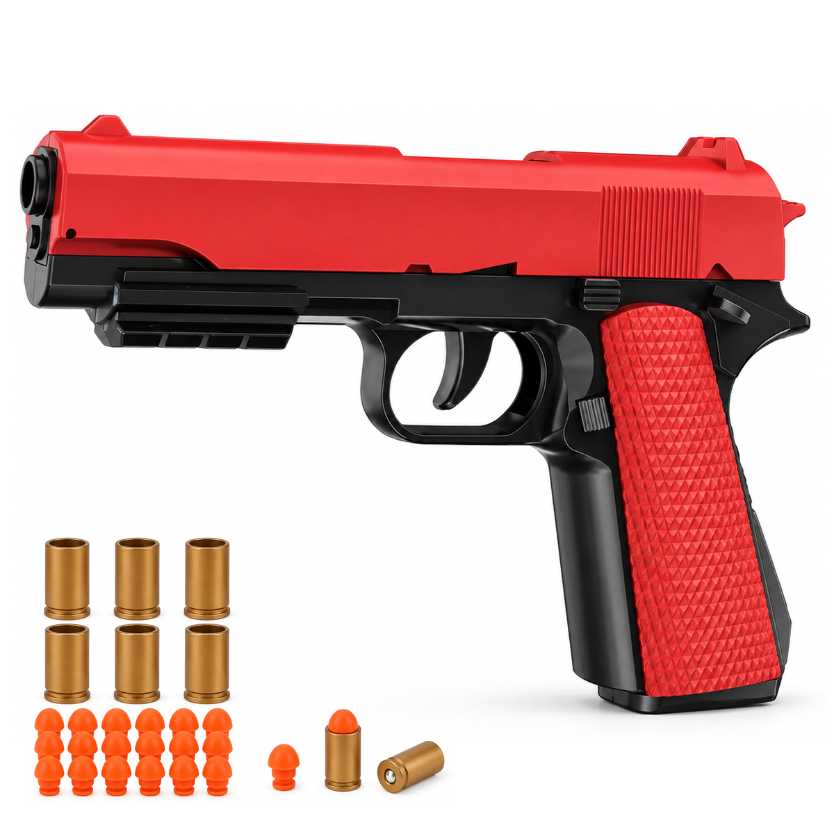 1911 semiauto shell ejecting dart blaster toy pistol in red and black with shells and foam darts