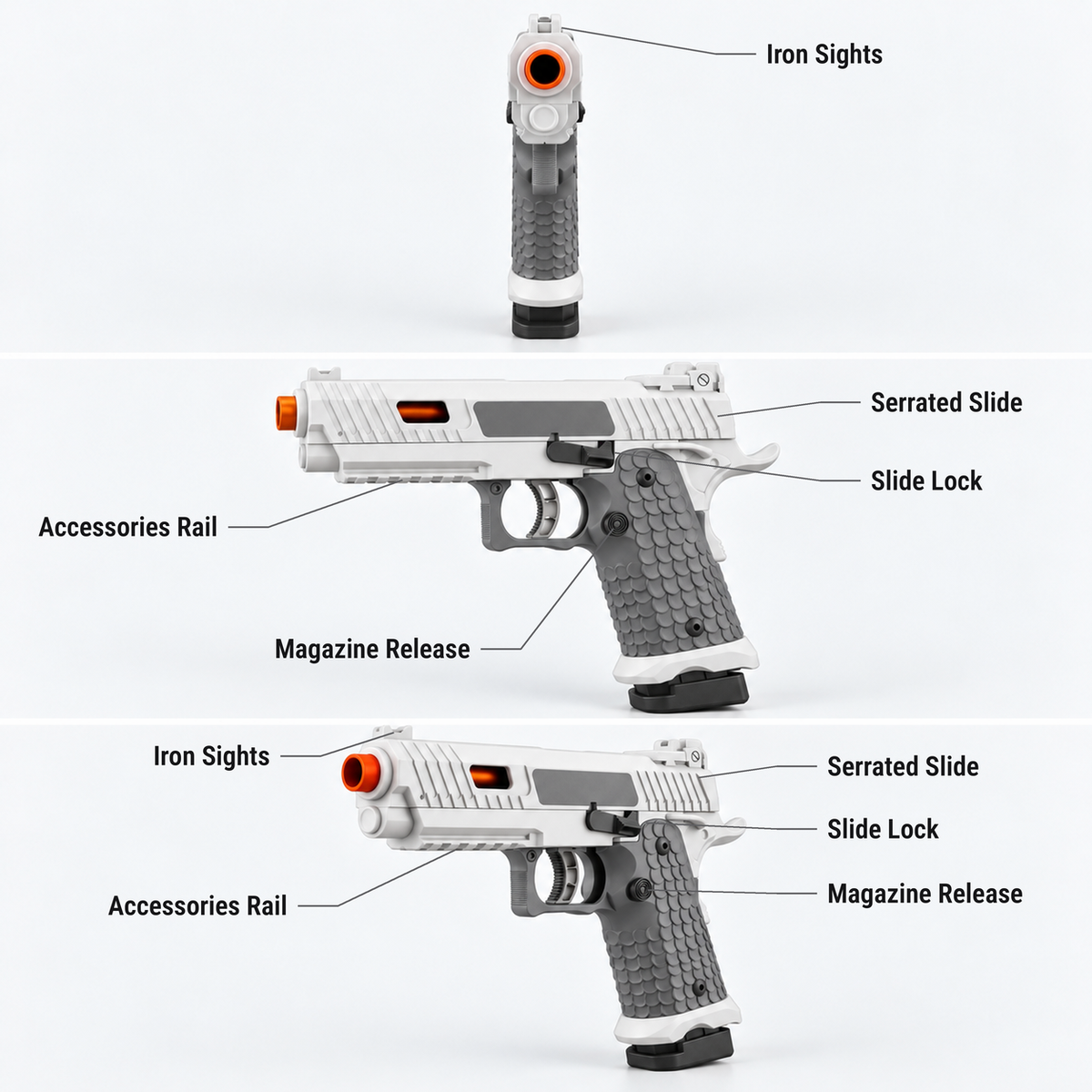 1911 Tactical blowback dart blaster features shown from the front, side and three-quarter view: iron sights, accessories rail, magazine release, serrated slide, slide lock