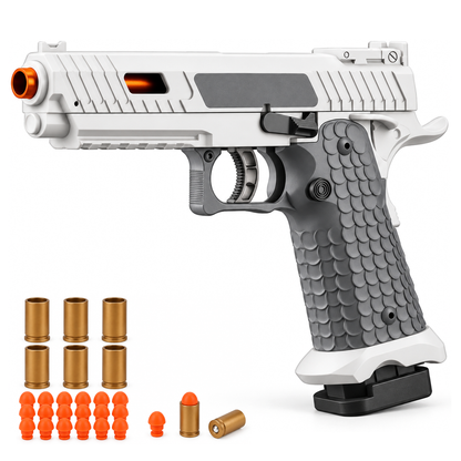 1911 Tactical blowback dart blaster toy pistol in white and grey with shells and foam darts
