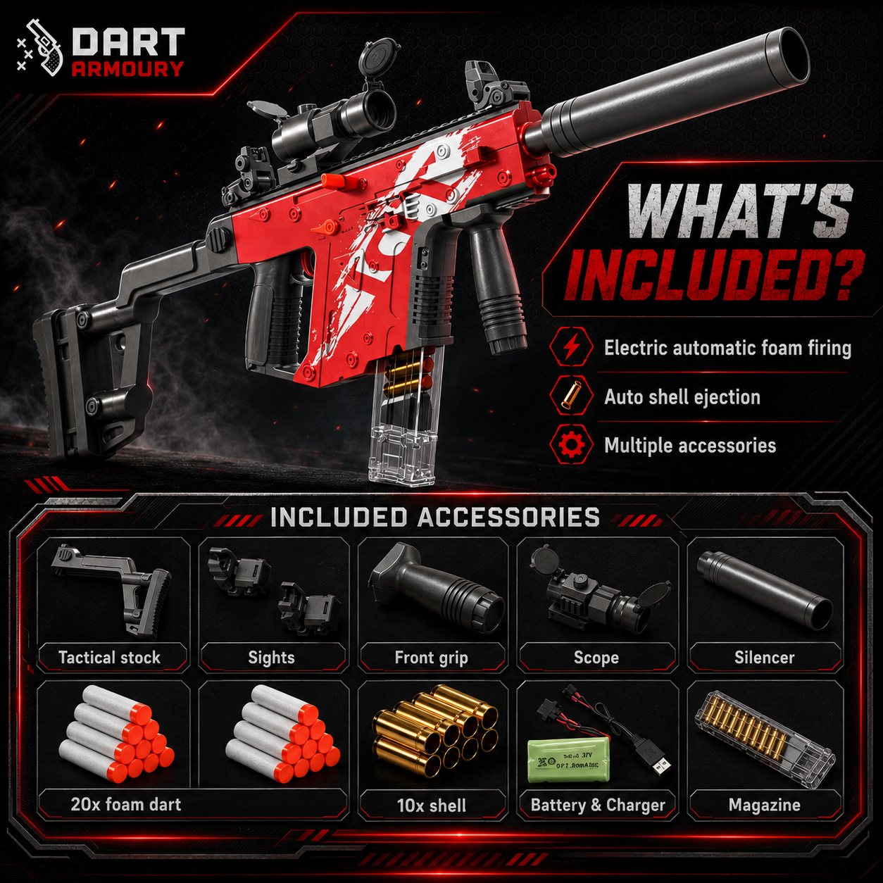 Vector SMG Shell Ejecting Toy Gun Electric Automatic Foam Dart Blaster