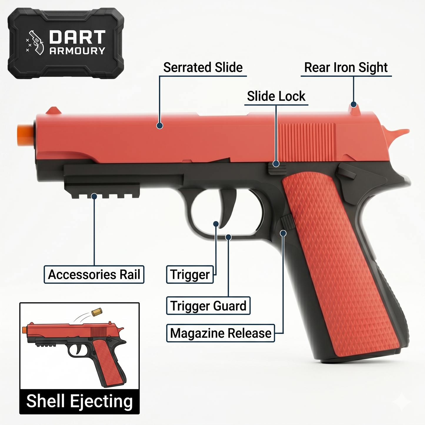 1911 Semiauto Shell Ejecting Dart Blaster Blowback Cosplay Prop Toy Gun