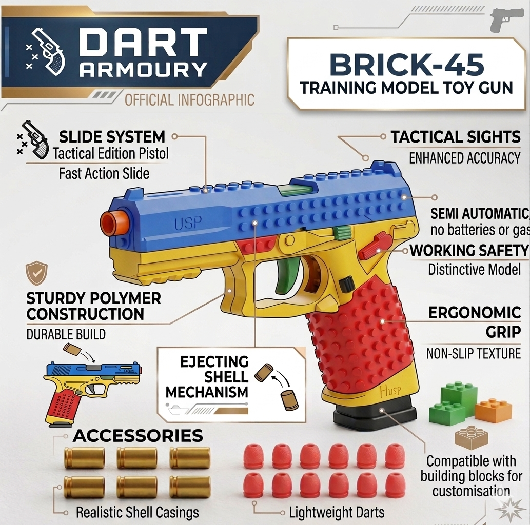Brick 45 Shell Ejecting Toy Pistol | Dart Blaster & Training Gun
