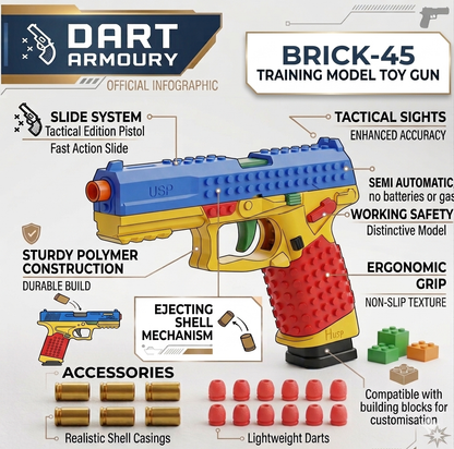 Brick 45 Shell Ejecting Toy Pistol | Dart Blaster & Training Gun