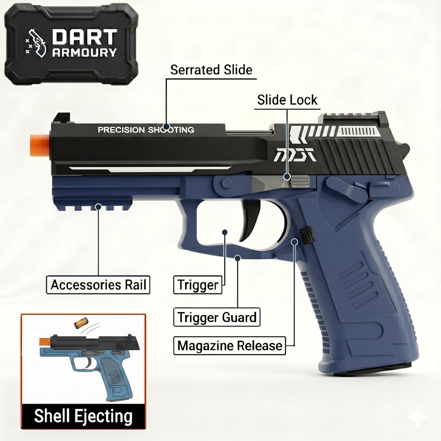 USP45 Shell Ejecting Blowback Dart Blaster Pistol