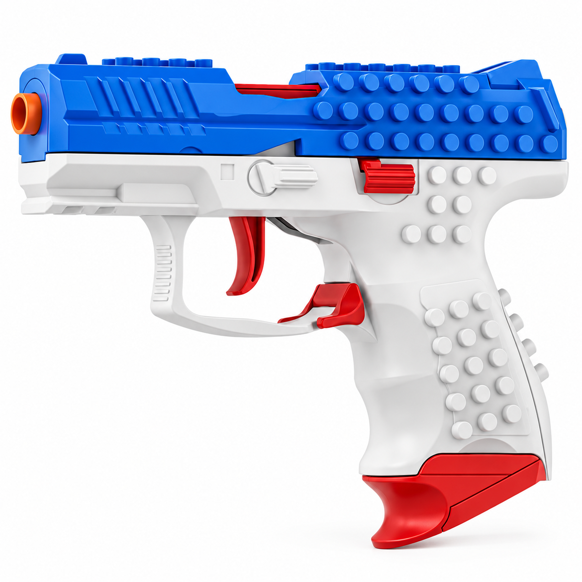 BB-9 compact shell ejecting building block toy pistol in blue, white and red