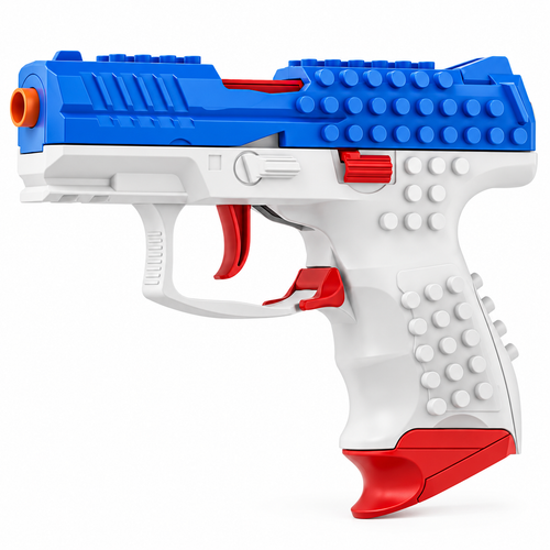 BB-9 compact shell ejecting building block toy pistol in blue, white and red