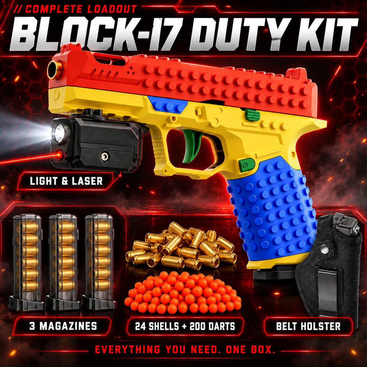 Block-17 Duty Kit bundle — Block-17 pistol, 2 extra magazines, 24 shells + 200 darts, holster, tactical light & laser