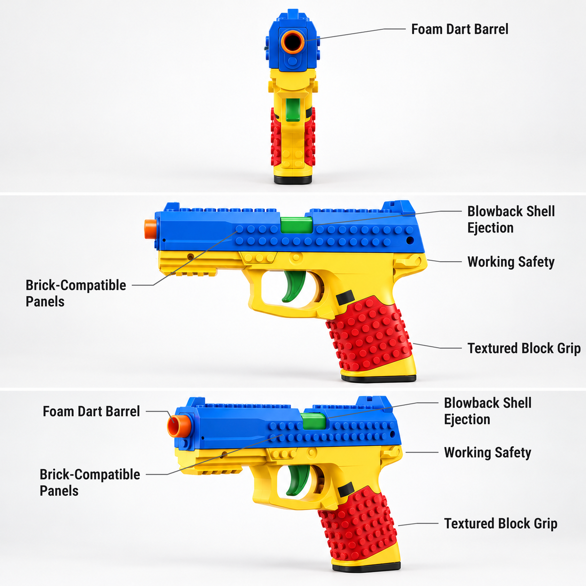 Brick 45 shell ejecting building block toy pistol features shown from the front, side and three-quarter view: foam dart barrel, brick-compatible panels, blowback shell ejection, working safety, textured block grip