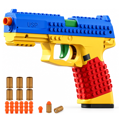 Brick 45 shell ejecting building block toy pistol with shells and foam darts