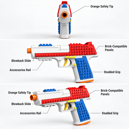 Brick Eagle building block toy pistol features shown from the front, side and three-quarter view: orange safety tip, blowback slide, accessories rail, brick-compatible panels, studded grip