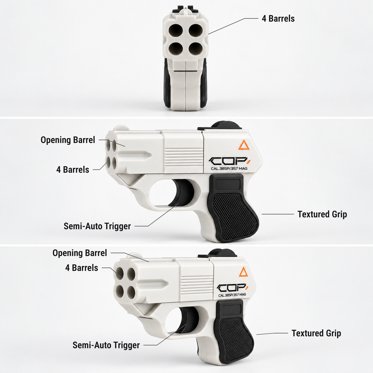 COP 357 four-barrel derringer toy features shown from the front, side and three-quarter view: 4 barrels, opening barrel, semi-auto trigger, textured grip