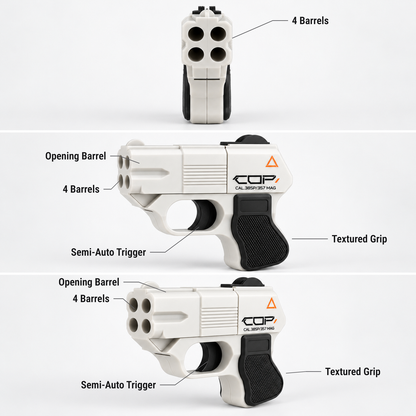 COP 357 four-barrel derringer toy features shown from the front, side and three-quarter view: 4 barrels, opening barrel, semi-auto trigger, textured grip