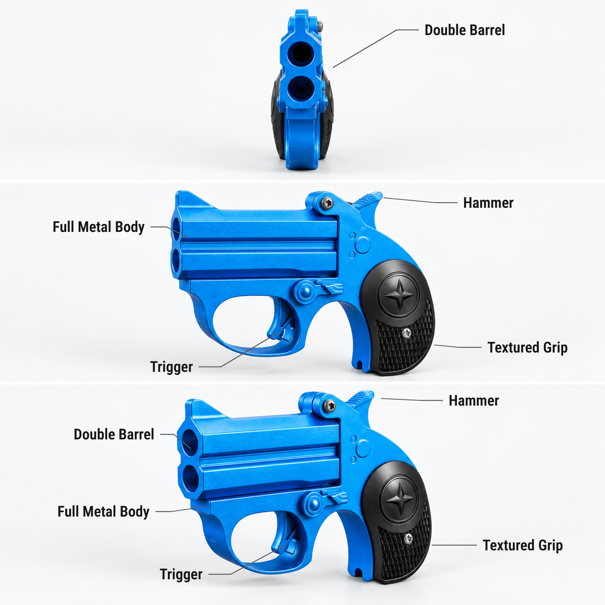 Derringer compact metal toy pistol features shown from the front, side and three-quarter view: double barrel, full metal body, trigger, hammer, textured grip