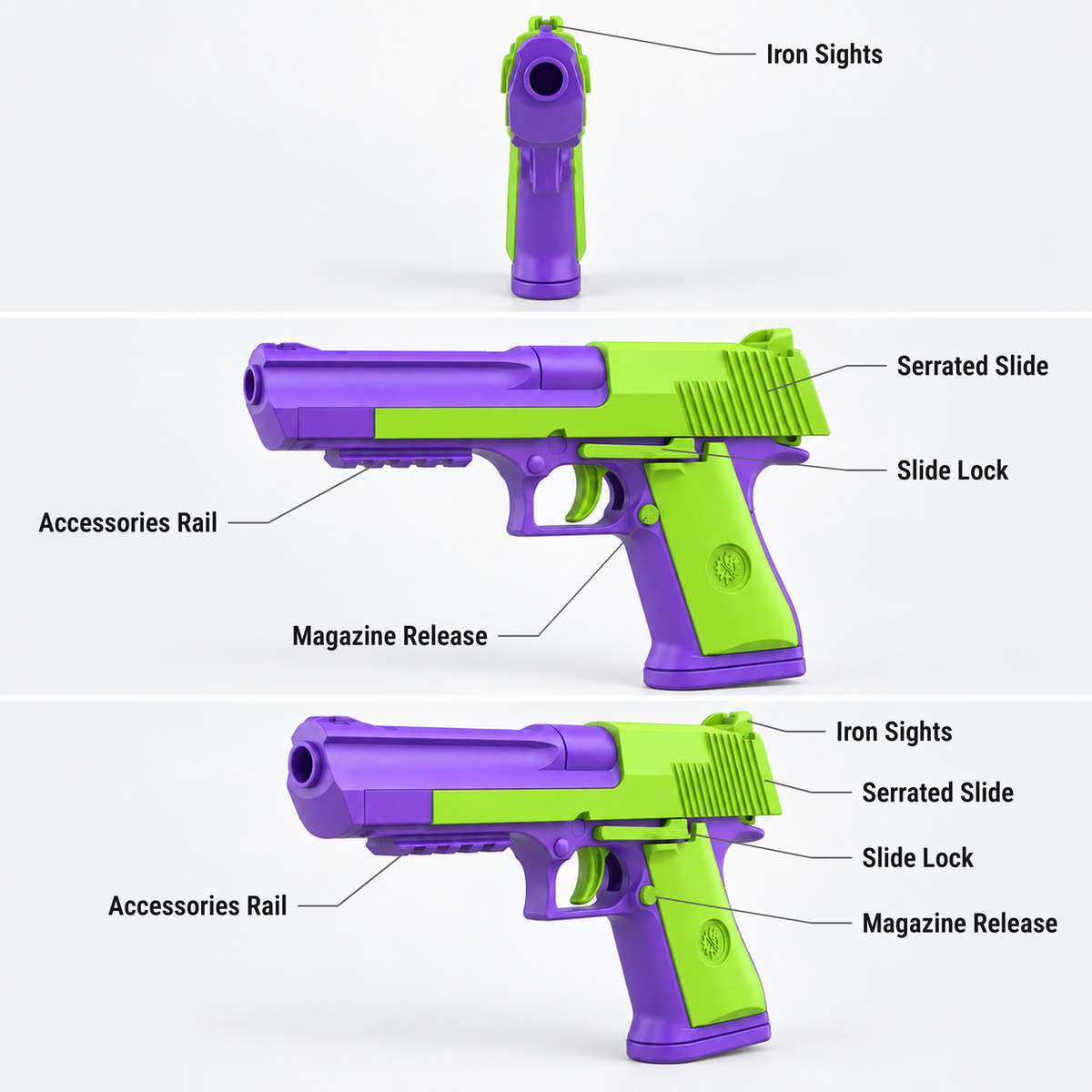 Desert Eagle blowback dart blaster features shown from the front, side and three-quarter view: iron sights, accessories rail, magazine release, serrated slide, slide lock