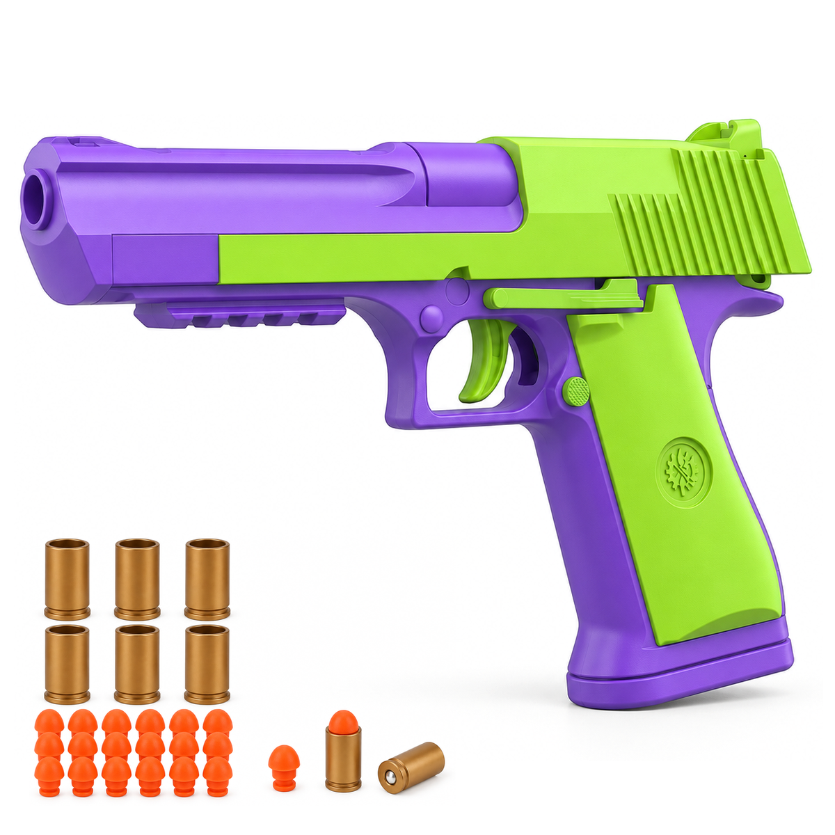 Desert Eagle blowback dart blaster toy pistol in purple and green with shells and foam darts