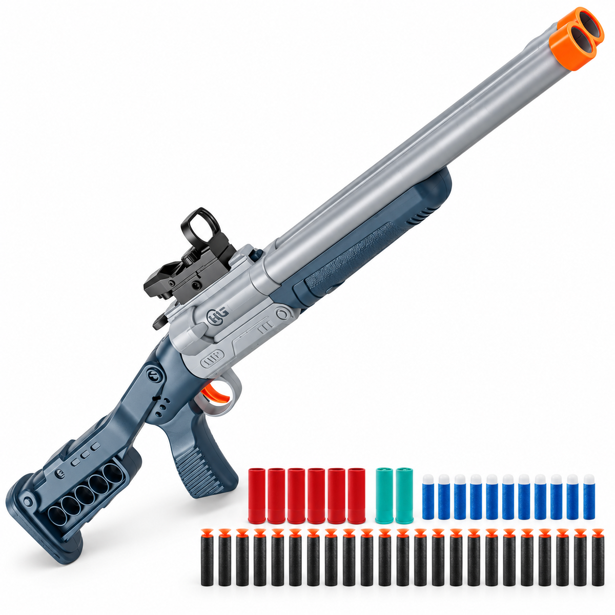 Double barrel shell ejecting toy dart shotgun in grey and blue with sight, shells and foam darts