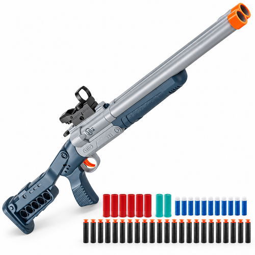 Double barrel shell ejecting toy dart shotgun in grey and blue with sight, shells and foam darts