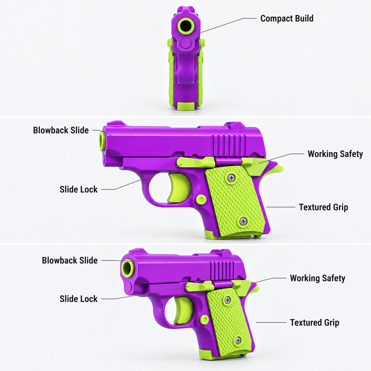 Fidget Pistol mini clicker toy features shown from the front, side and three-quarter view: compact build, blowback slide, slide lock, working safety, textured grip