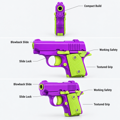 Fidget Pistol mini clicker toy features shown from the front, side and three-quarter view: compact build, blowback slide, slide lock, working safety, textured grip