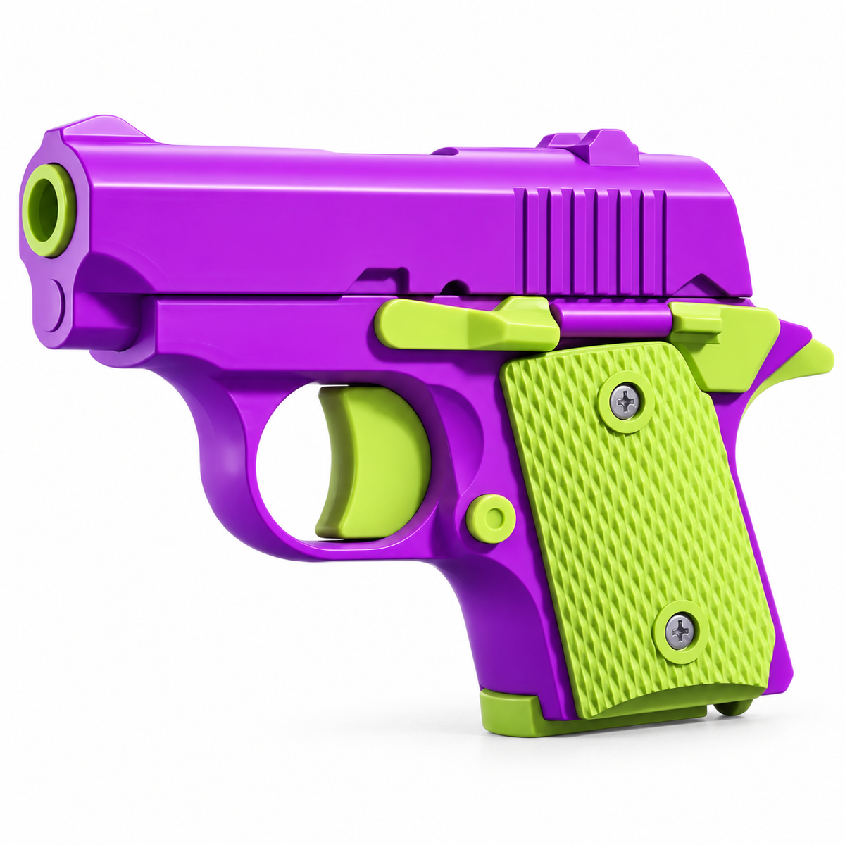 Fidget pistol mini clicker toy in purple and green