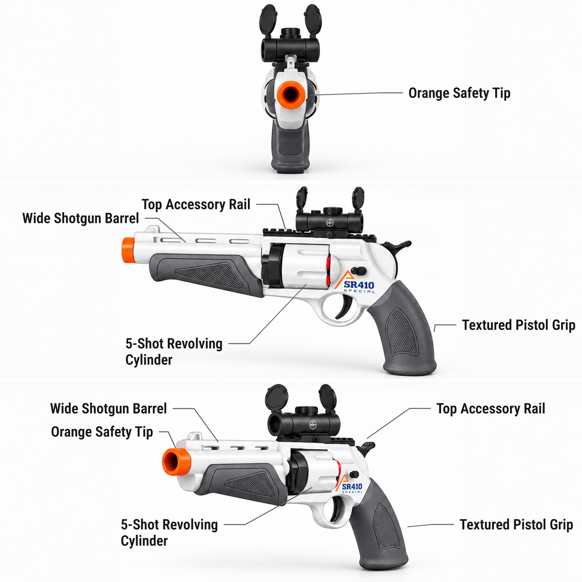 The Ghoul's Revolver shotgun pistol dart blaster features shown from the front, side and three-quarter view: orange safety tip, wide shotgun barrel, top accessory rail, 5-shot revolving cylinder, textured pistol grip