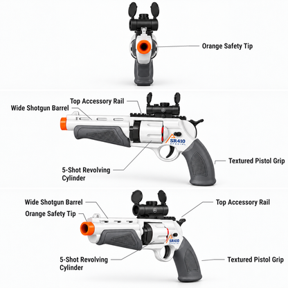 The Ghoul's Revolver shotgun pistol dart blaster features shown from the front, side and three-quarter view: orange safety tip, wide shotgun barrel, top accessory rail, 5-shot revolving cylinder, textured pistol grip