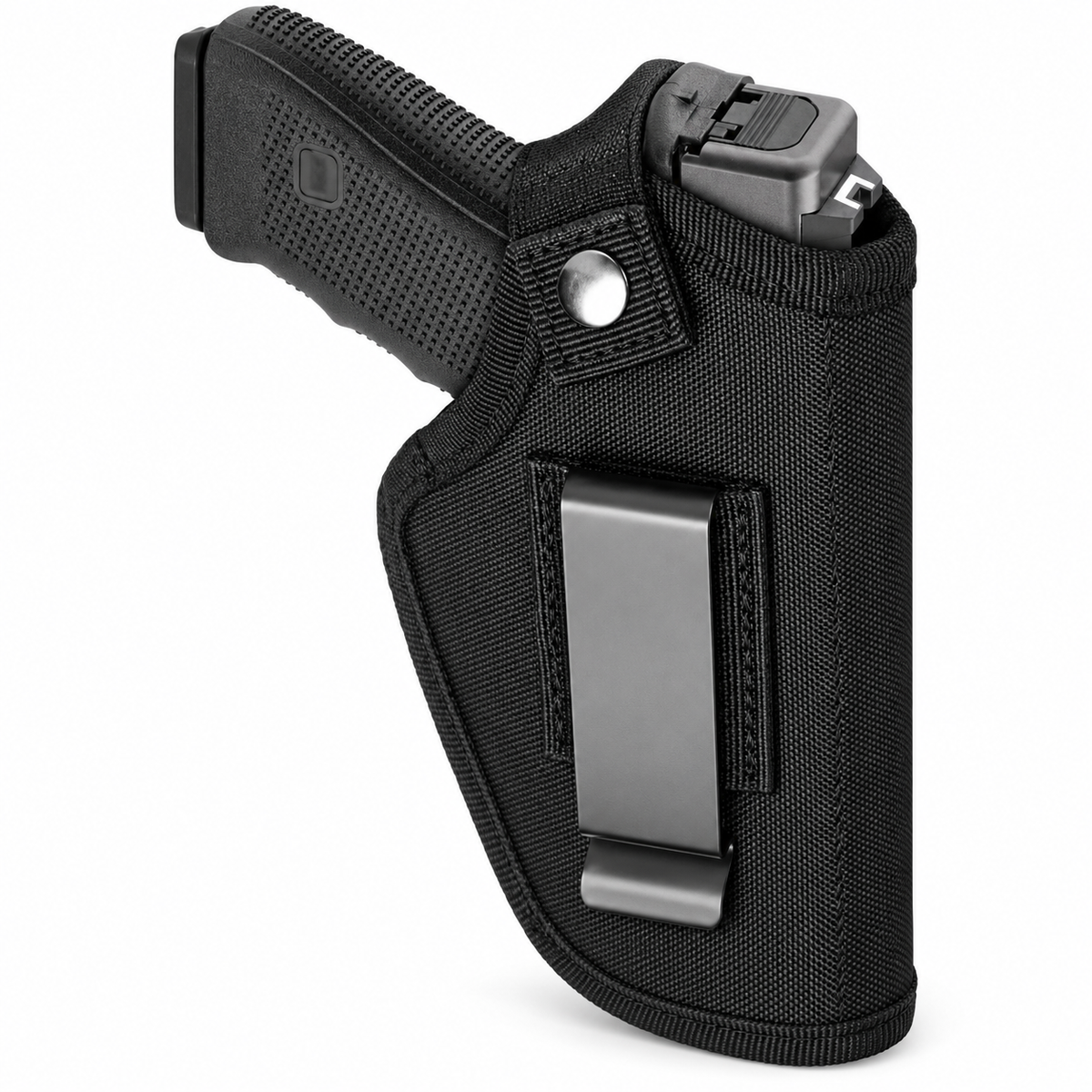 Black nylon belt holster with metal clip holding a toy pistol