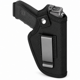 Black nylon belt holster with metal clip holding a toy pistol