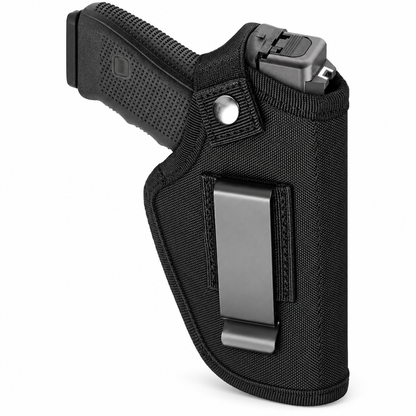 Black nylon belt holster with metal clip holding a toy pistol