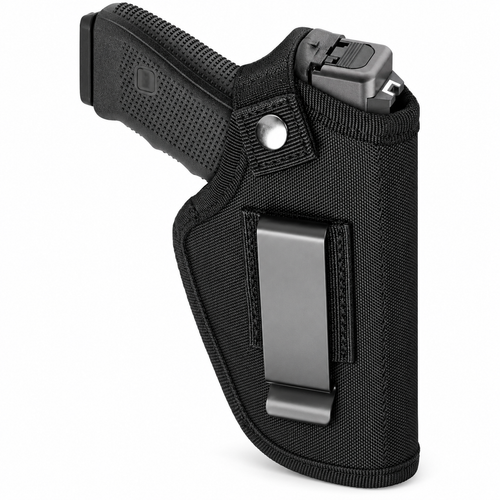 Black nylon belt holster with metal clip holding a toy pistol