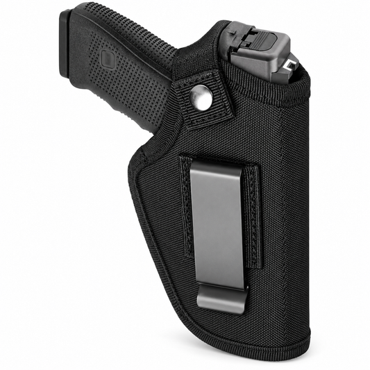 Black nylon belt holster with metal clip holding a toy pistol