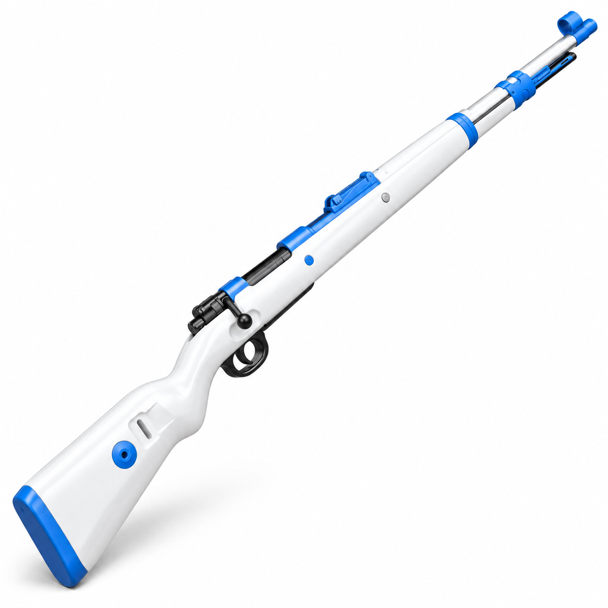 Kar98 bolt action shell ejecting toy dart blaster rifle in white and blue