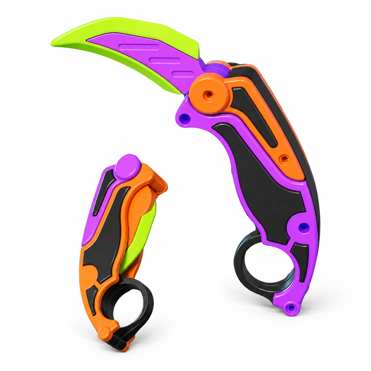 Karambit toy fidget knife in green, purple and orange shown open and folded