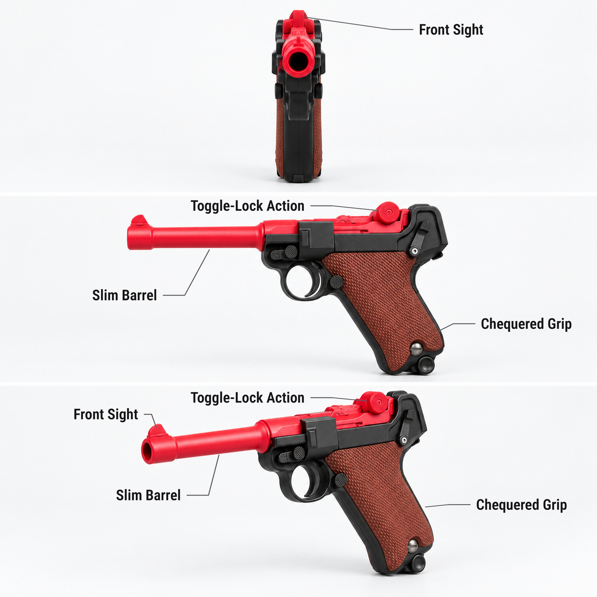 Luger P08 shell ejecting pistol prop features shown from the front, side and three-quarter view: front sight, toggle-lock action, slim barrel, chequered grip