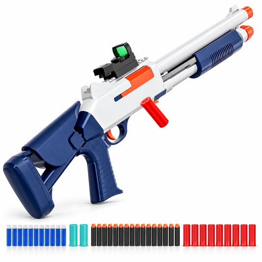 M1014 Lite shell ejecting toy dart shotgun in navy and white with sight, shells and foam darts