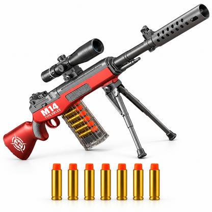M14 shell ejecting toy dart blaster rifle in red and grey with scope, bipod and dart-loaded shells