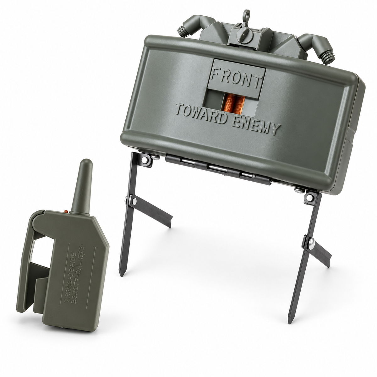M18 Claymore toy prop on folding legs with its remote control handset