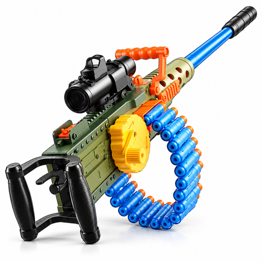 M2 Browning belt fed toy dart blaster in olive and orange with scope and blue dart belt