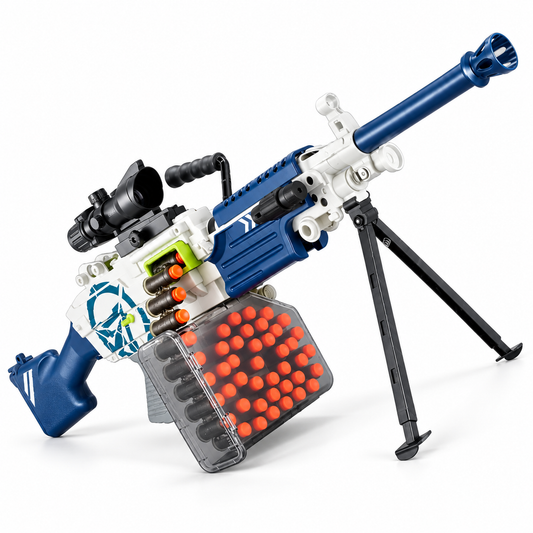 M249 SAW belt fed toy dart blaster in navy and white with scope, bipod and ammo box