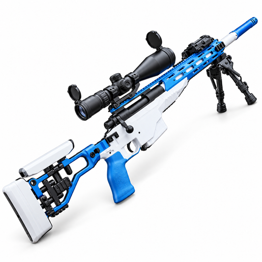 M40A6 bolt action shell ejecting toy dart blaster in blue and white with scope and bipod