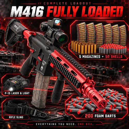 M416 Fully Loaded bundle: M416 shell-ejecting foam dart rifle, 5 magazines, P-15 laser & light, sling, 200 darts