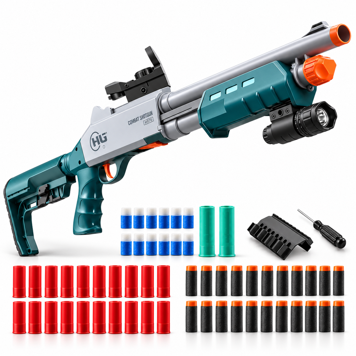 M870 Lite shell ejecting toy dart shotgun in teal and grey with torch, sight, shells and foam darts