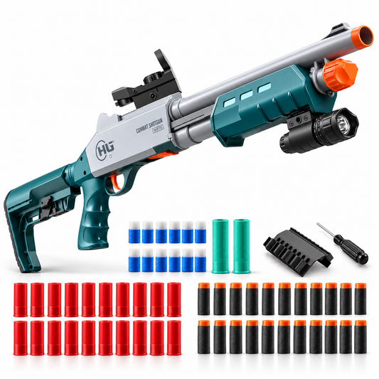 M870 Lite shell ejecting toy dart shotgun in teal and grey with torch, sight, shells and foam darts