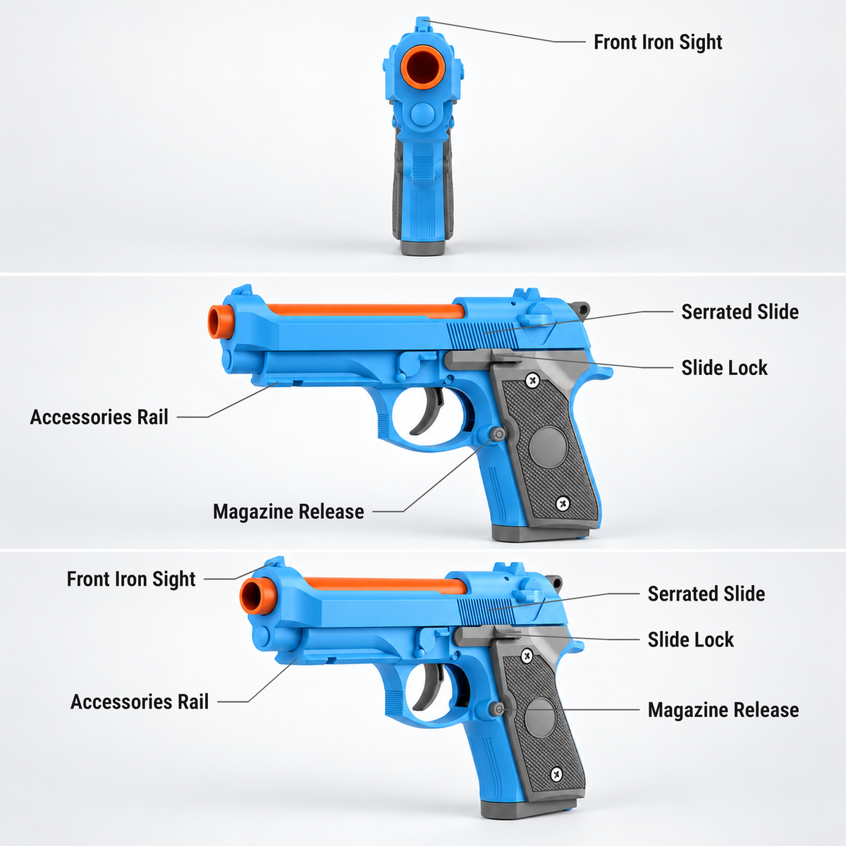 M9A3 shell ejecting toy pistol features shown from the front, side and three-quarter view: front iron sight, accessories rail, magazine release, serrated slide, slide lock