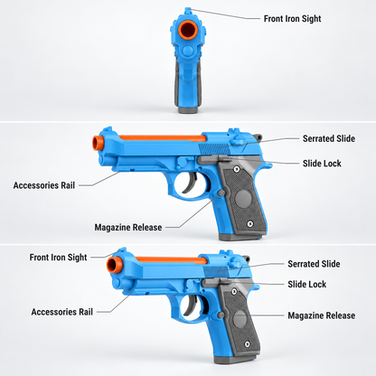 M9A3 shell ejecting toy pistol features shown from the front, side and three-quarter view: front iron sight, accessories rail, magazine release, serrated slide, slide lock
