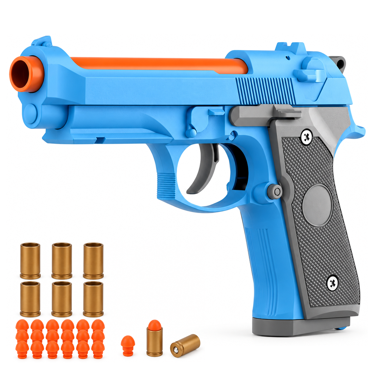 M9A3 shell ejecting toy pistol in blue and grey with shells and foam darts
