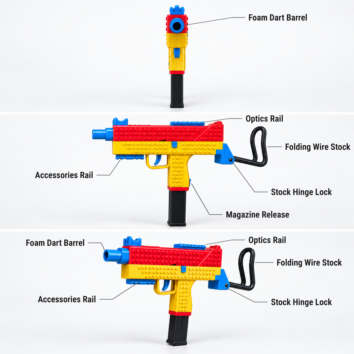 Mac-10 building block shell ejecting toy features shown from the front, side and three-quarter view: foam dart barrel, optics rail, folding wire stock, stock hinge lock, magazine release, accessories rail
